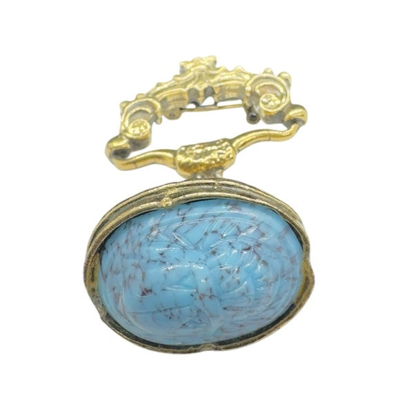 Vintage Etruscan Style Lion & Faux Turquoise Scarab Drop Brooch - Picture 6 of 7